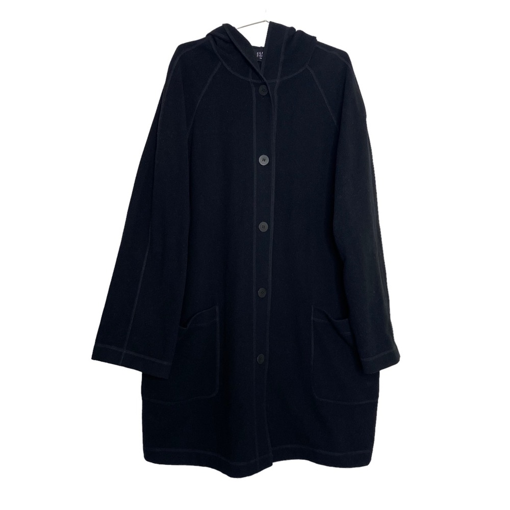 Eileen Fisher Woman Black Wool Button Front Hooded Coat
